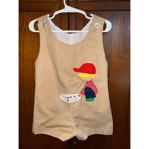 Vintage Samara Kids Tan Artist Applique Shortall Romper Tan Twill Sleeveless